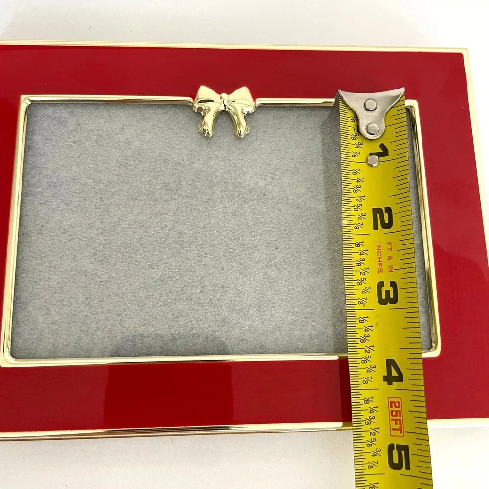 Vintage Red Enamel Gold Tone Bow Picture Frame 4x6 Landscape Tabletop Wall Decor
